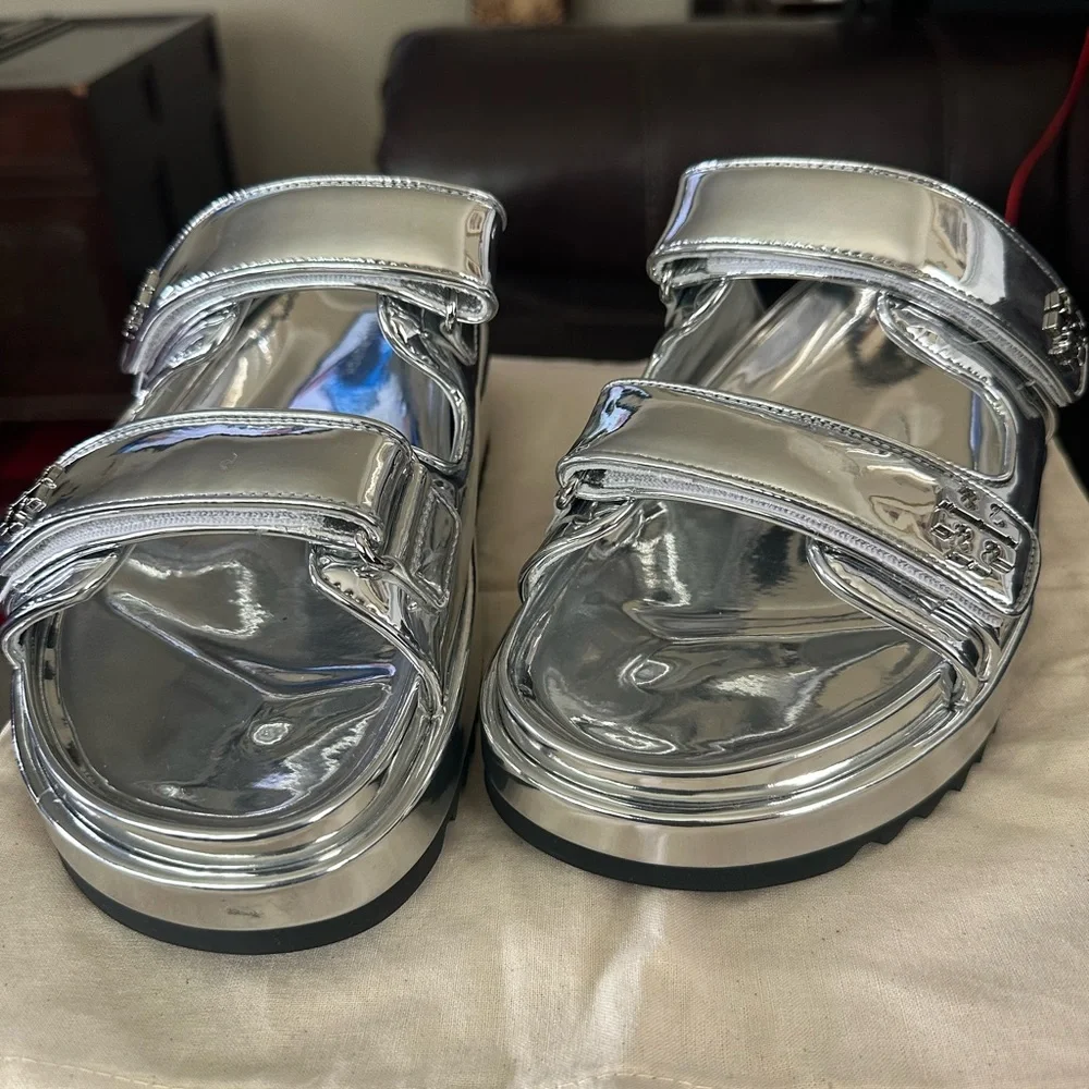 Tory Burch Silver Metallic Platform Slide Sandals